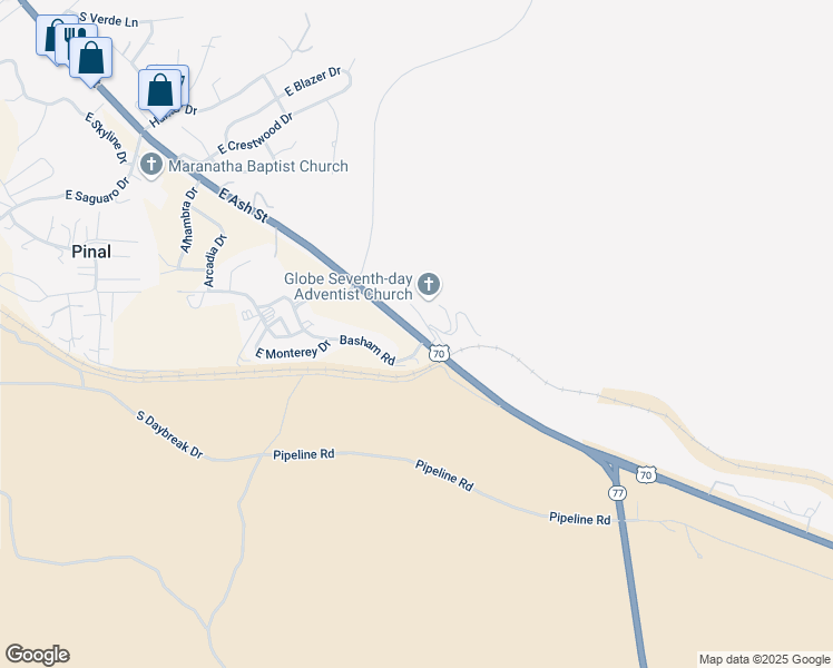 map of restaurants, bars, coffee shops, grocery stores, and more near U.S. 70 in Globe