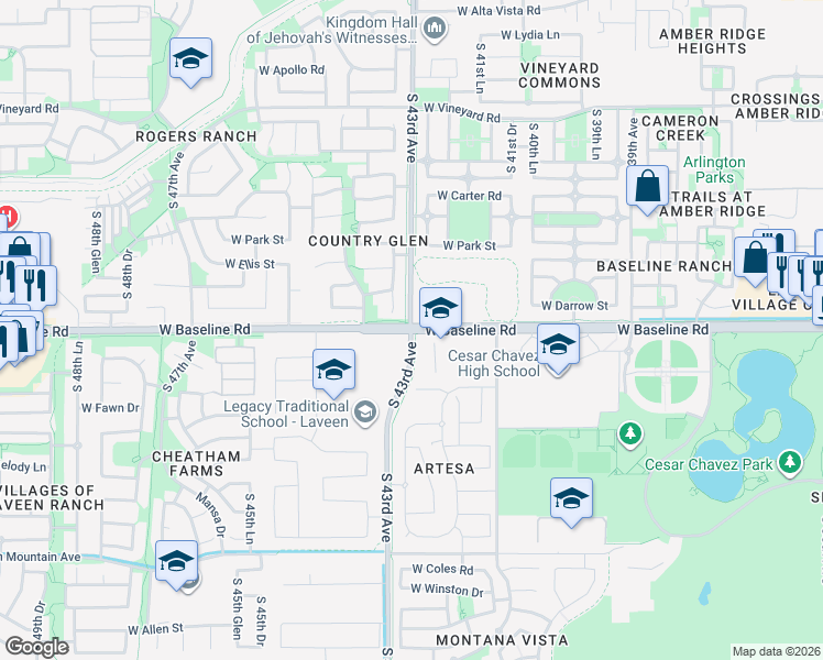 map of restaurants, bars, coffee shops, grocery stores, and more near W Baseline Rd & S 43rd Ave in Phoenix