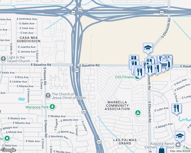 map of restaurants, bars, coffee shops, grocery stores, and more near 2043 South Gordon in Mesa