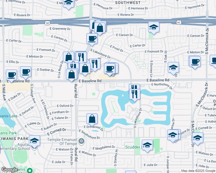 map of restaurants, bars, coffee shops, grocery stores, and more near 2 Lakeside Drive in Tempe