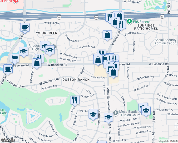 map of restaurants, bars, coffee shops, grocery stores, and more near 1331 West Baseline Road in Mesa