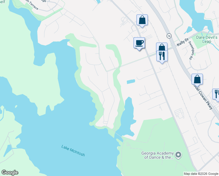 map of restaurants, bars, coffee shops, grocery stores, and more near 138 Terrane Ridge in Peachtree City