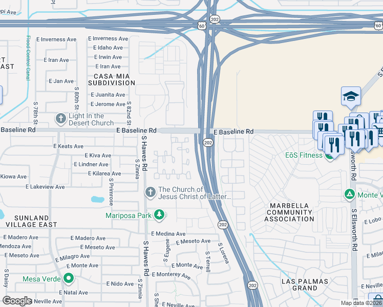 map of restaurants, bars, coffee shops, grocery stores, and more near 2055 South Luther in Mesa