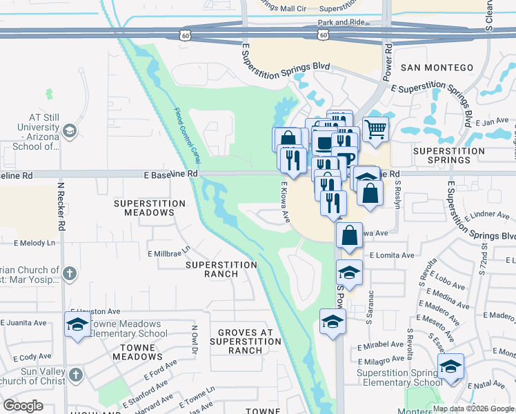 map of restaurants, bars, coffee shops, grocery stores, and more near 4632 East Harwell Street in Mesa