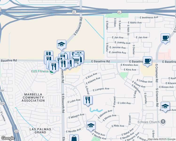 map of restaurants, bars, coffee shops, grocery stores, and more near 9335 East Baseline Road in Mesa