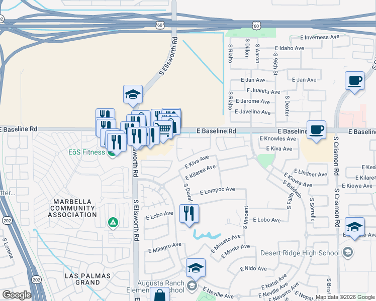 map of restaurants, bars, coffee shops, grocery stores, and more near 9335 East Baseline Road in Mesa