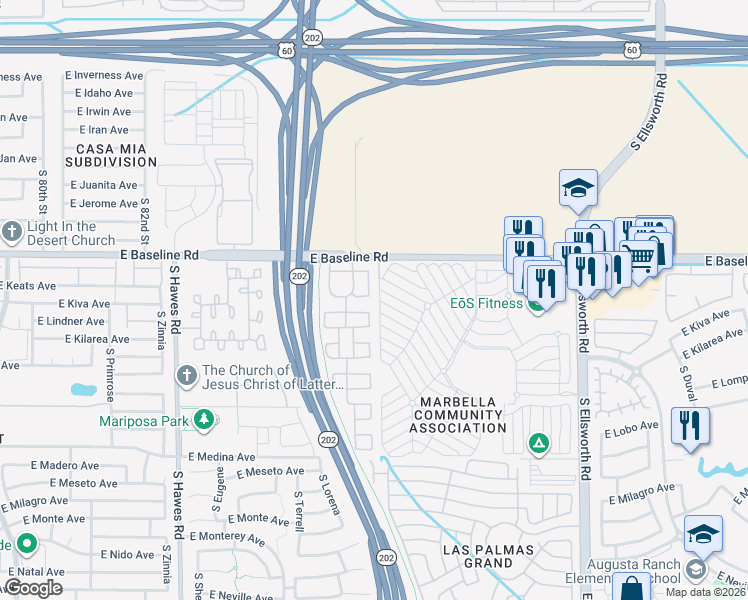 map of restaurants, bars, coffee shops, grocery stores, and more near 2043 South Gordon in Mesa