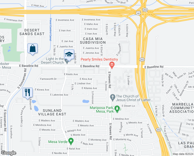 map of restaurants, bars, coffee shops, grocery stores, and more near 391 East Keats Avenue in Mesa