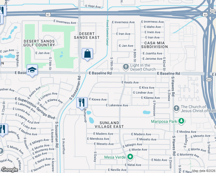 map of restaurants, bars, coffee shops, grocery stores, and more near 20 East Keats Avenue in Mesa