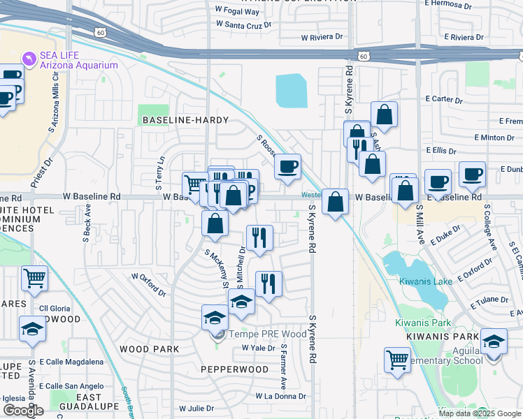 map of restaurants, bars, coffee shops, grocery stores, and more near 647 West Baseline Road in Tempe