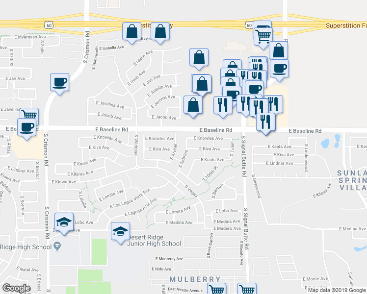 map of restaurants, bars, coffee shops, grocery stores, and more near 2044 South Sabrina in Mesa