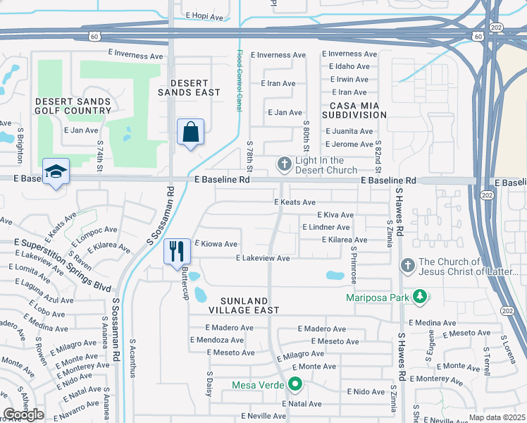 map of restaurants, bars, coffee shops, grocery stores, and more near 2064 South Farnsworth Drive in Mesa