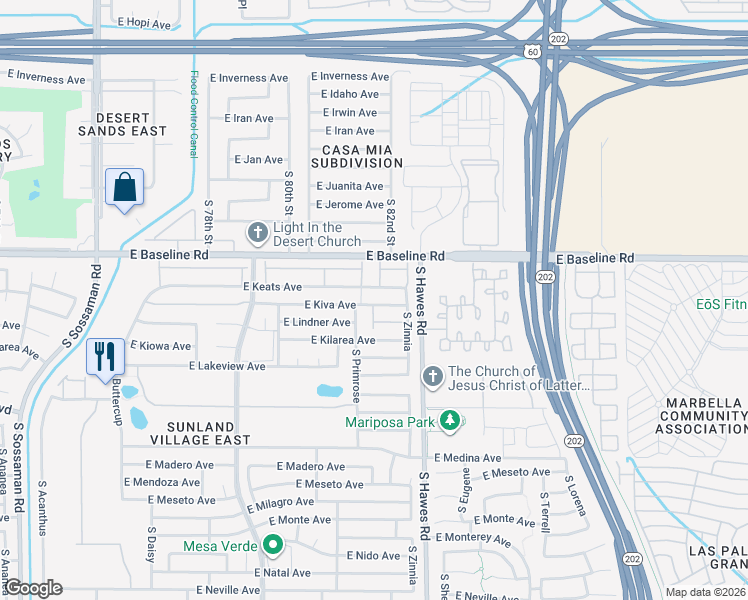 map of restaurants, bars, coffee shops, grocery stores, and more near 391 East Keats Avenue in Mesa
