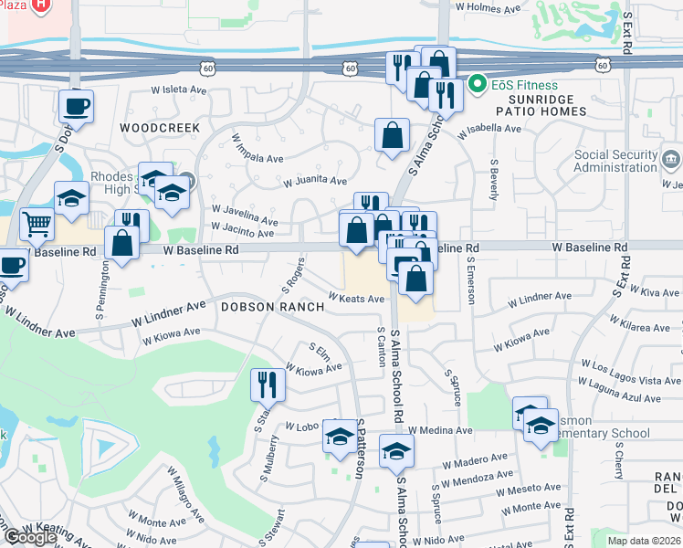 map of restaurants, bars, coffee shops, grocery stores, and more near 1331 West Baseline Road in Mesa