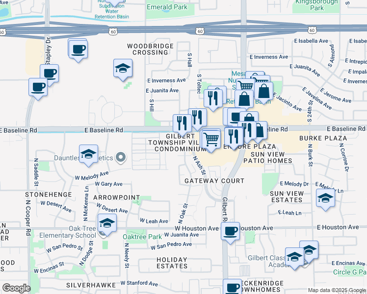 map of restaurants, bars, coffee shops, grocery stores, and more near 1757 East Baseline Road in Gilbert
