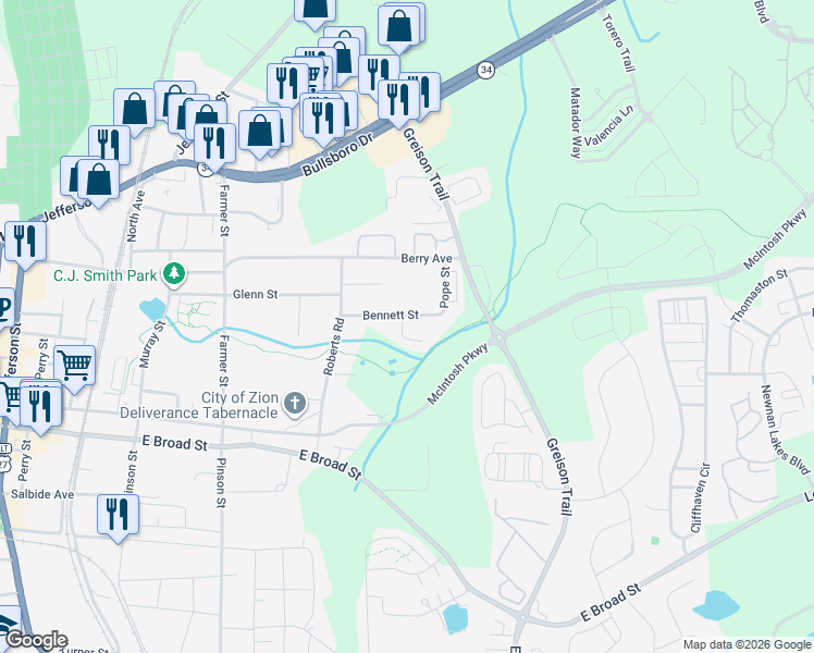 map of restaurants, bars, coffee shops, grocery stores, and more near 20B Bennett Street in Newnan