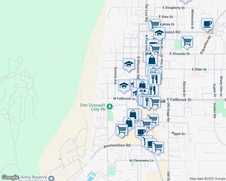 map of restaurants, bars, coffee shops, grocery stores, and more near 603 Summit Avenue in Fallbrook
