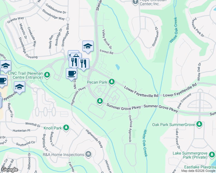 map of restaurants, bars, coffee shops, grocery stores, and more near 83 Pecan Crescent in Newnan