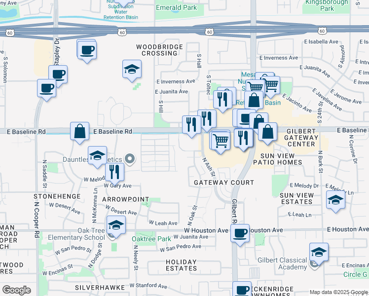map of restaurants, bars, coffee shops, grocery stores, and more near 1757 East Baseline Road in Gilbert
