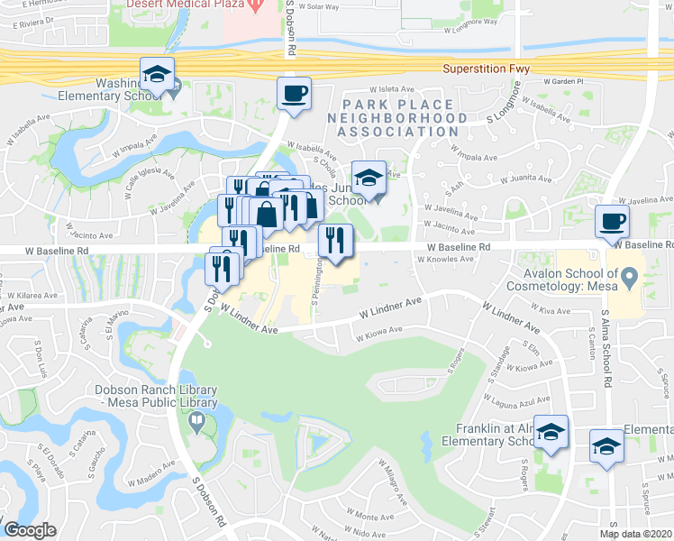 map of restaurants, bars, coffee shops, grocery stores, and more near 1731 West Baseline Road in Mesa