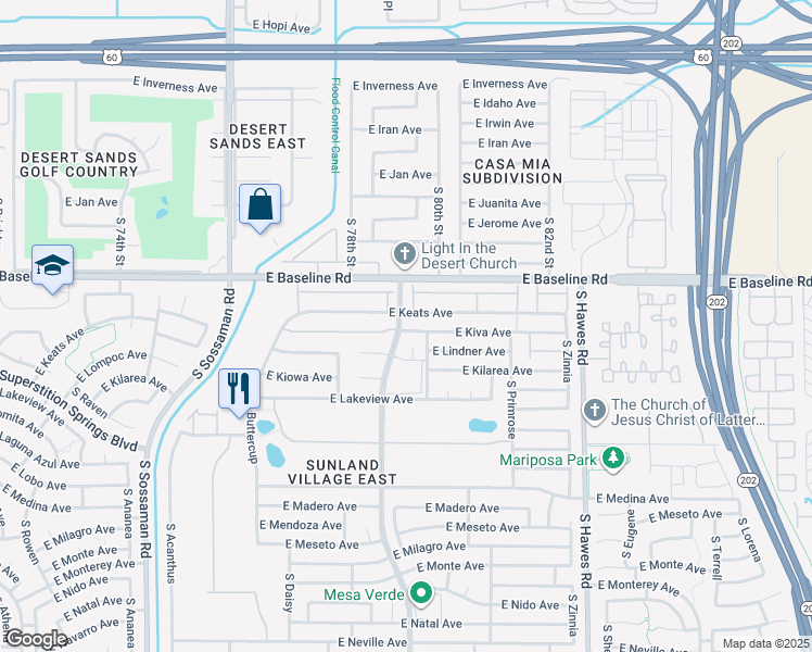 map of restaurants, bars, coffee shops, grocery stores, and more near 241 East Keats Avenue in Mesa