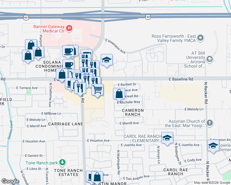 map of restaurants, bars, coffee shops, grocery stores, and more near 3450 East Terrace Avenue in Gilbert