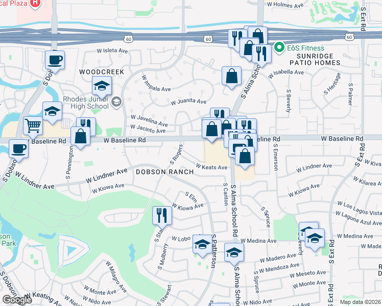 map of restaurants, bars, coffee shops, grocery stores, and more near 1331 West Baseline Road in Mesa