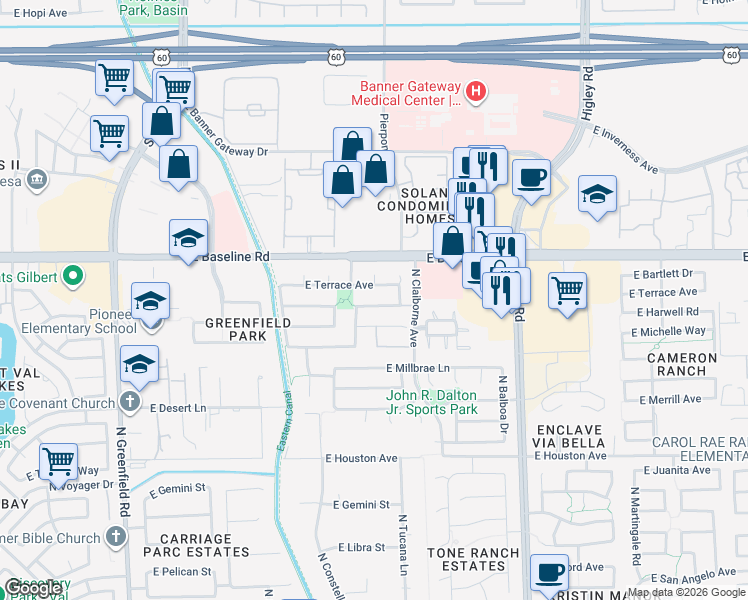 map of restaurants, bars, coffee shops, grocery stores, and more near 2897 East Terrace Avenue in Gilbert