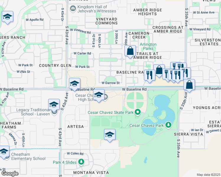 map of restaurants, bars, coffee shops, grocery stores, and more near S 40th Ave & W Baseline Rd in Phoenix