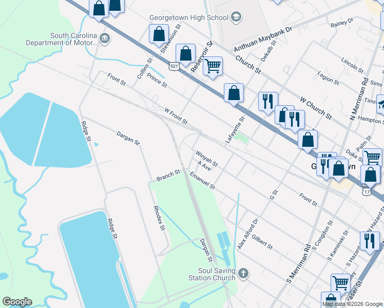 map of restaurants, bars, coffee shops, grocery stores, and more near 2405 Winyah Street in Georgetown