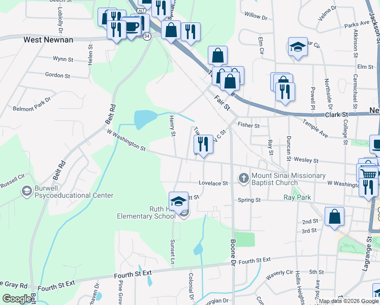 map of restaurants, bars, coffee shops, grocery stores, and more near 31 Domineck Street in Newnan