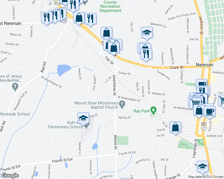 map of restaurants, bars, coffee shops, grocery stores, and more near 19 Peachtree Street in Newnan