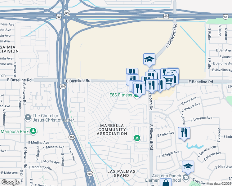 map of restaurants, bars, coffee shops, grocery stores, and more near Monte Vista Drive in Mesa