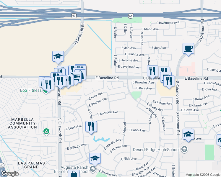 map of restaurants, bars, coffee shops, grocery stores, and more near 2024 South Baldwin in Mesa