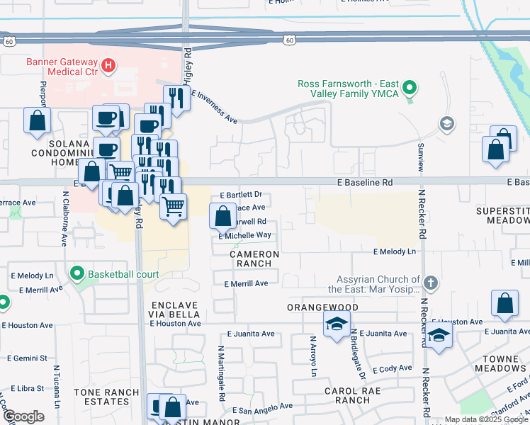 map of restaurants, bars, coffee shops, grocery stores, and more near 1539 North Kirby Street in Gilbert