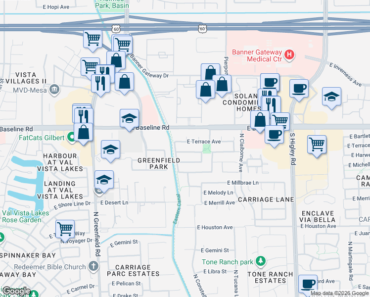 map of restaurants, bars, coffee shops, grocery stores, and more near 2751 East Terrace Avenue in Gilbert