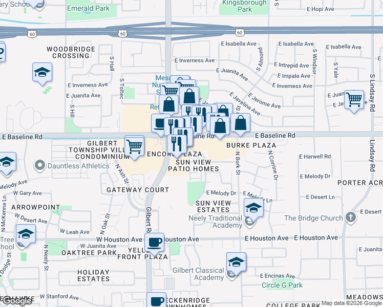 map of restaurants, bars, coffee shops, grocery stores, and more near 1500 North Sunview Parkway in Gilbert