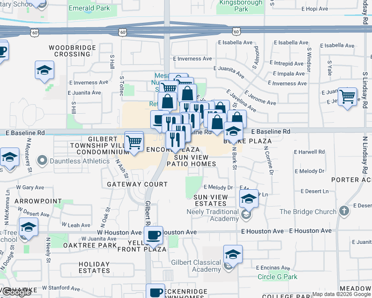 map of restaurants, bars, coffee shops, grocery stores, and more near 1500 North Sunview Parkway in Gilbert