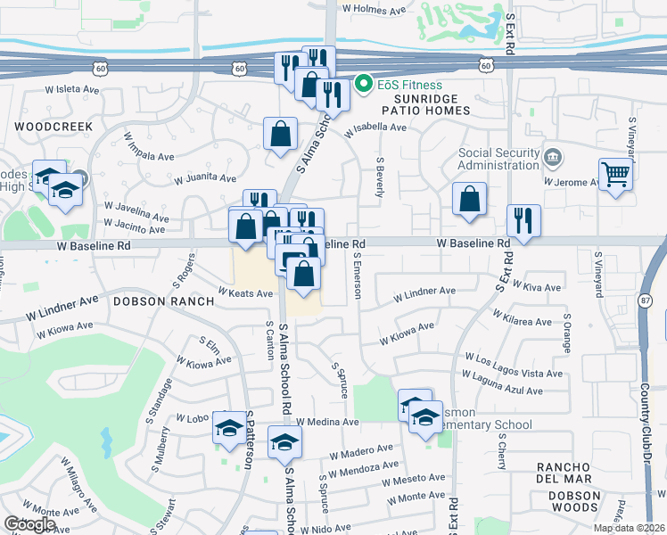 map of restaurants, bars, coffee shops, grocery stores, and more near 2026 South Emerson in Mesa