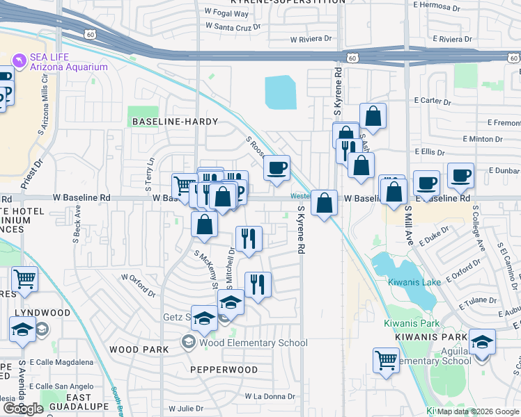 map of restaurants, bars, coffee shops, grocery stores, and more near 647 West Baseline Road in Tempe