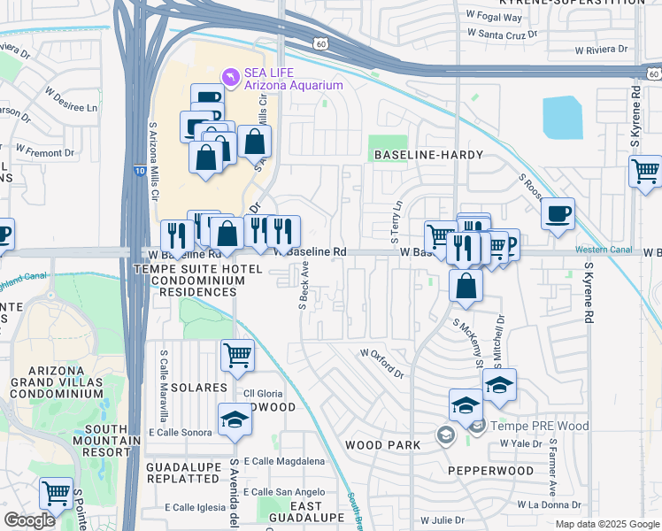 map of restaurants, bars, coffee shops, grocery stores, and more near in Tempe