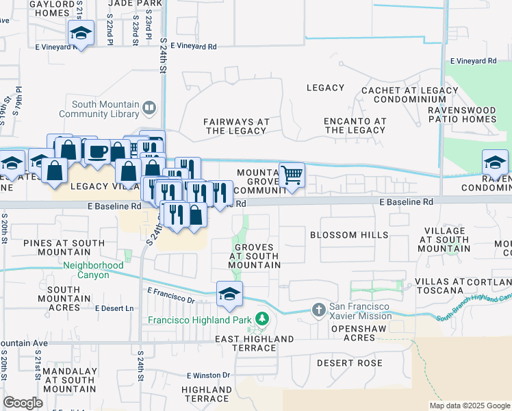 map of restaurants, bars, coffee shops, grocery stores, and more near 2707 East Donner Drive in Phoenix