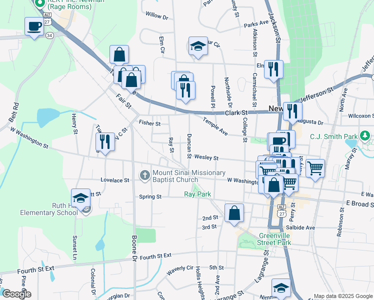 map of restaurants, bars, coffee shops, grocery stores, and more near 3 Annie Street in Newnan