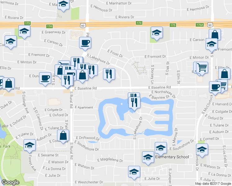 map of restaurants, bars, coffee shops, grocery stores, and more near 5200 South Lakeshore Drive in Tempe