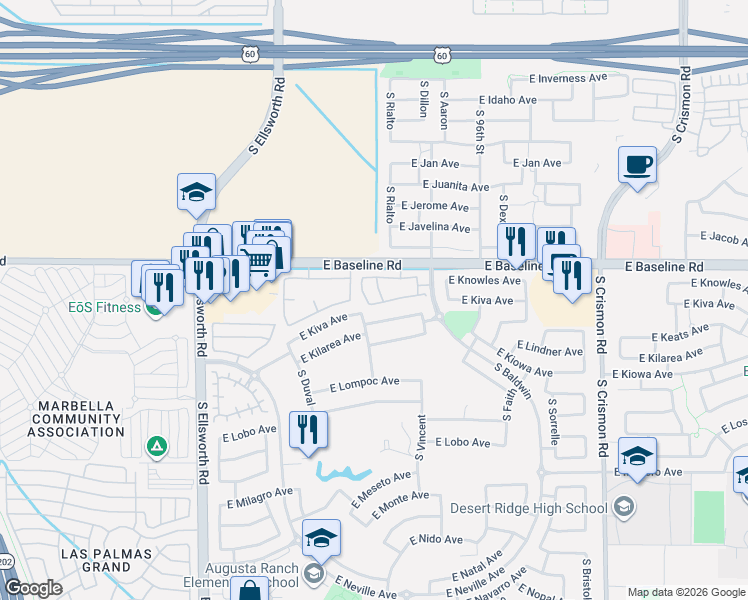 map of restaurants, bars, coffee shops, grocery stores, and more near 2024 South Baldwin in Mesa