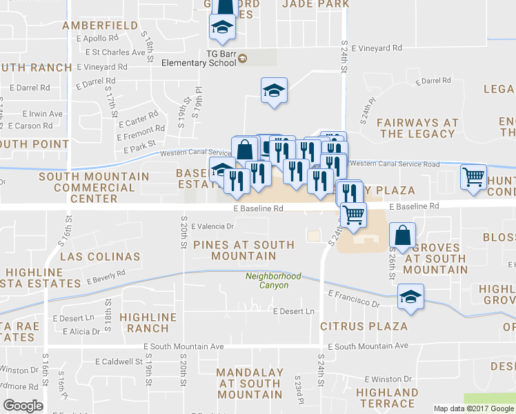 map of restaurants, bars, coffee shops, grocery stores, and more near 2228 East Baseline Road in Phoenix