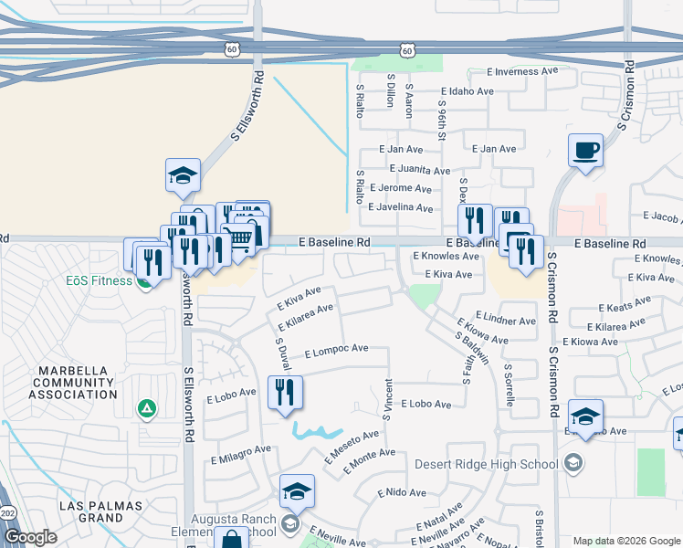 map of restaurants, bars, coffee shops, grocery stores, and more near 2024 South Baldwin in Mesa