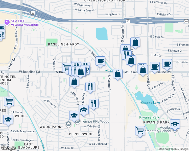 map of restaurants, bars, coffee shops, grocery stores, and more near 647 West Baseline Road in Tempe