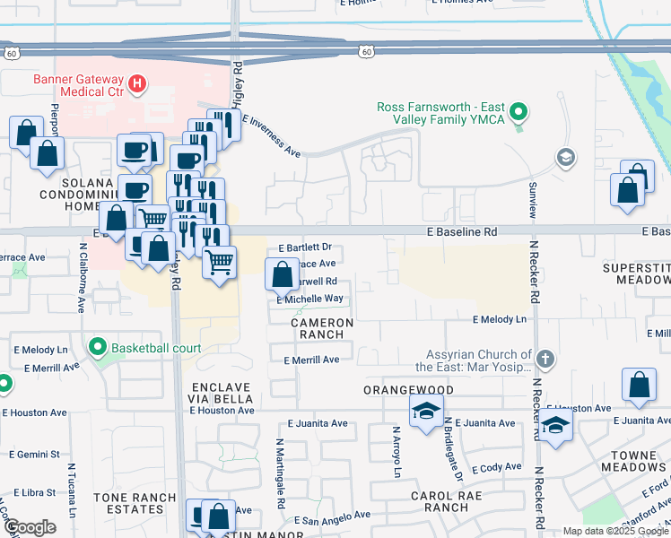 map of restaurants, bars, coffee shops, grocery stores, and more near 1539 North Kirby Street in Gilbert