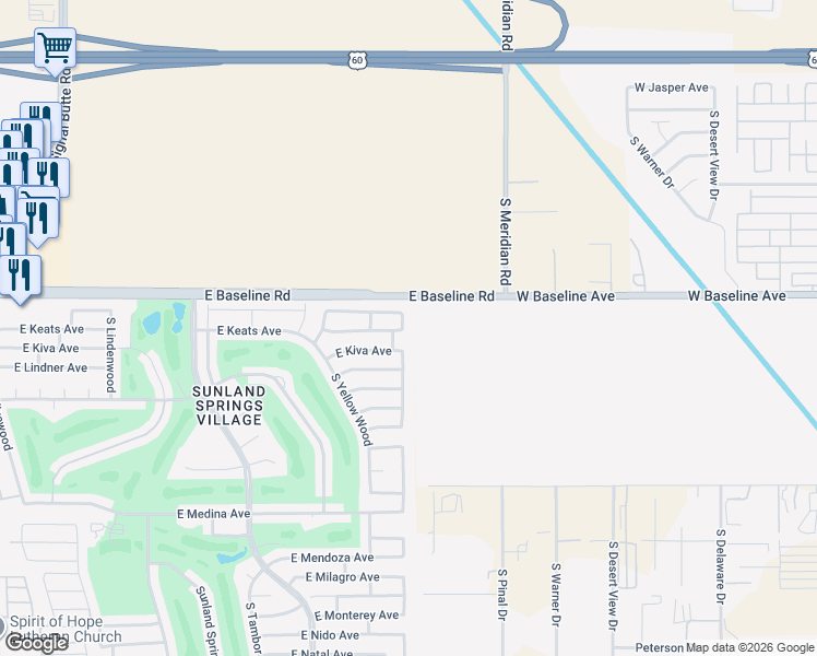 map of restaurants, bars, coffee shops, grocery stores, and more near 2101 South Yellow Wood in Mesa